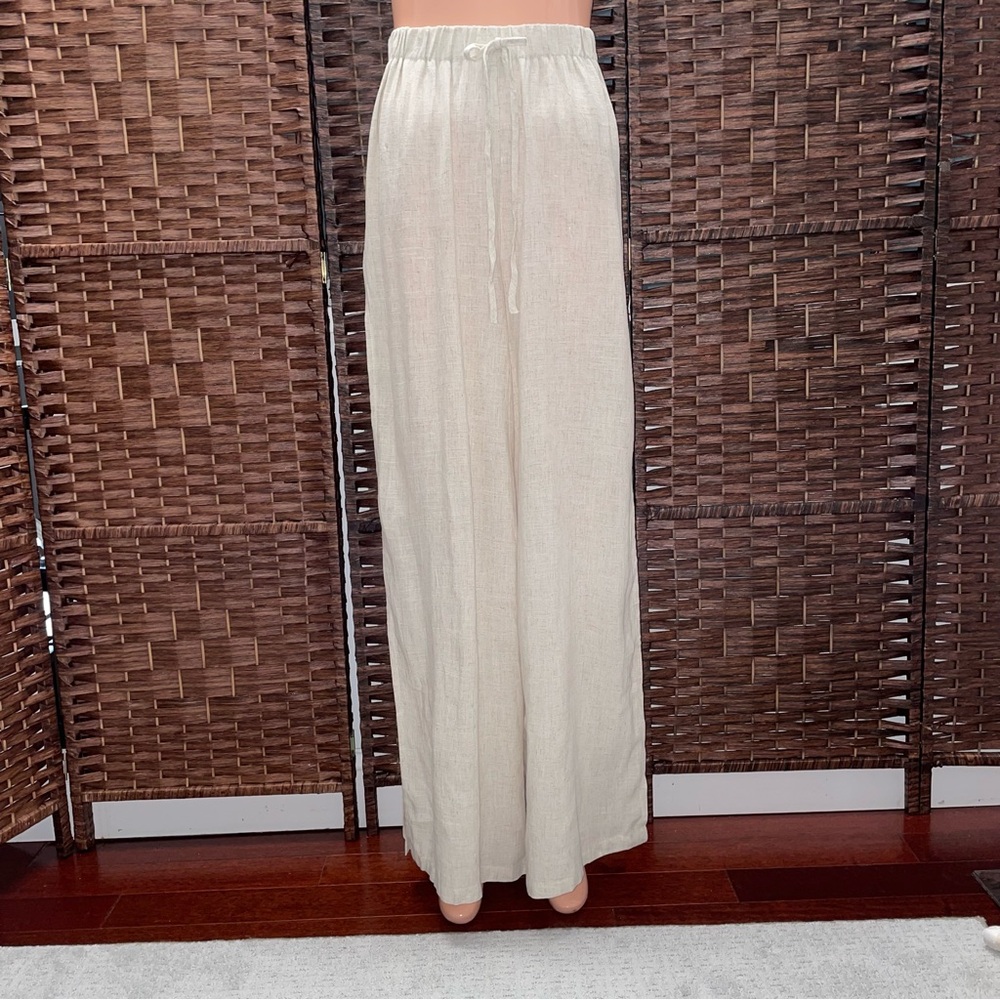 Cream Wide-Leg Linen Pants, Size S.
